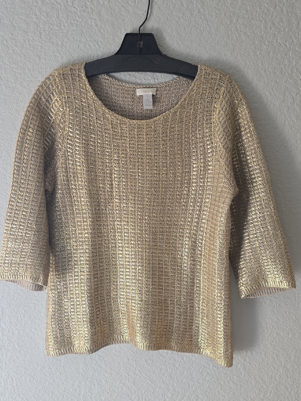 Chico's Metallic Waffle-Knit Scoop Neck Sweater in Gold, SZ 1